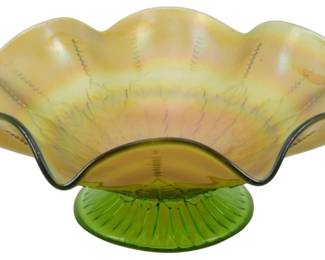 724 - Northwood Emerald Green Leaf & Beads Compote (Description): Vintage Northwood Emerald Green Leaf & Beads  carnival glass compote featuring an  iridescent ruffled bowl with the classic Leaf  & Beads pattern. The bowl displays beautiful  golden and pink iridescence characteristic of quality carnival glass, set atop a ribbed  emerald green pedestal foot. Measures 3 1/2  inches tall by 8 inches in diameter.