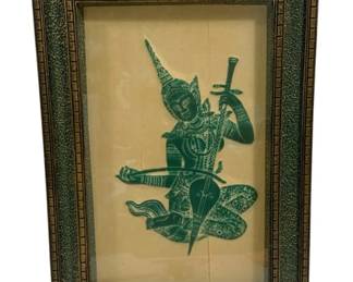 4326 - Framed Vintage Thai Temple Rubbing Artwork (Description): 24 x 17 Raised Artwork Under Glass.