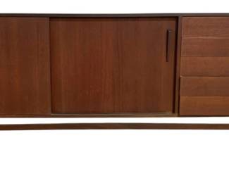 7618 - Mid-Century Modern Danish Teak Credenza (Description): Mid-century modern teak credenza featuring a  long, low profile. The piece includes two  sliding cabinet doors on the left side with  elongated wooden pulls, and a bank of four  drawers on the right with matching wooden handles. Supported by tapered legs connected  by a stretcher base. Measures 32 inches high  by 85 inches wide by 13 inches deep.