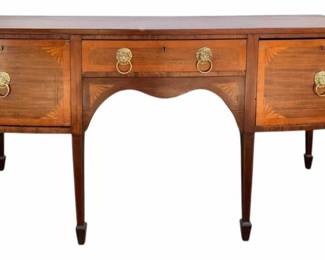 4986 - Vintage Inlaid Mahogany Bow Front Sideboard (Description): Banded Inlay with Lion Head Pulls - 36 x 72 x  27