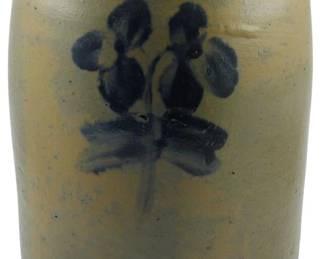 601 - Early Virginia Pottery 1 Gallon Decorated Crock (Description): A 19th century Virginia pottery (or similar)  one gallon stoneware crock featuring  traditional cobalt blue floral decoration.  Measures 10 inches in height.