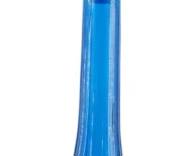 845 - Mid Century Empoli Blue Glass Genie Bottle (Description): Mid Century Empoli blue glass genie bottle  featuring a distinctive elongated  teardrop-shaped body with ribbed vertical  panels. The decanter is topped with a tall,  slender flame-shaped stopper. The vibrant blue transparent glass showcases the  characteristic Italian craftsmanship  associated with Empoli glassworks.