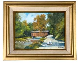 7723 - Framed Hand Painted Landscape Artwork 18"x22" (Description): Framed hand painted artwork depicting a  serene landscape scene with a wooden  boathouse or cabin near water, surrounded by  lush autumn foliage in golden and green  tones. The painting features Asian characters signed in the upper right corner. Presented  in a gilt wood frame with linen liner.  Measures 18" x 22".