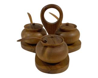 4166 - Vintage Wood Lazy Susan Condiment Serving Set (Description): 8 x 8