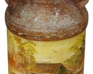 572 - Vintage Painted Milk Can 25" (Description): A vintage metal milk can measuring 25 inches  in height. The piece features a removable lid  and two side handles. The surface shows a  weathered, rustic patina with hand-painted  pastoral scenes depicting countryside buildings and landscapes.