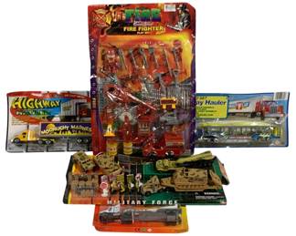 1637 - 5pc Vtg Toy Playsets Fire Fighter Military (Description): Collection of five vintage toy playsets. The  lot includes a Fire Rescue Squad Fire Fighter  play set featuring firefighter figures and  equipment, two Highway Hauler die cast metal  truck sets including a Moonlight Madness semi-truck and a Mad Fox racing hauler, and a  Military Force playset with camouflage  tanks, vehicles, and military equipment. All  sets are in original packaging.