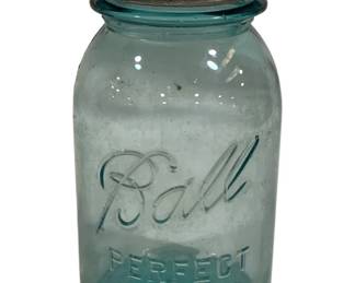 1551 - Vtg Ball Perfect Mason Jar #7 Blue Glass (Description): Vintage Ball Perfect Mason jar #7 in aqua  blue glass with original zinc lid. The jar  features the classic embossed Ball script  logo with "Perfect Mason" text below.  Measures 7.5 inches tall.