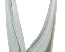 786 - Vintage Hand Blown Art Glass Basket 13" (Description): Vintage hand blown art glass vase featuring  an elegant elongated form with a looped  handle design at the top. The piece showcases  beautiful color gradations transitioning  from clear glass at the upper portion to rich amber and deep burgundy tones at the base,  with decorative inclusions visible within the  glass. Measures 13 inches in height.