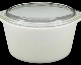 1141 - Vtg Pyrex 1 Qt. White Casserole Dish w/ Lid (Description): Vintage Pyrex 1 quart casserole dish with  lid. This classic opal white milk glass  casserole features tab handles on either side  and comes complete with its original clear  glass lid. Measures 3.5 inches high by 8 inches wide by 10.5 inches in total length  including handles.