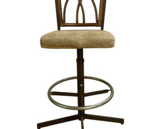 7643 - Bar Stool w/ Bamboo Back 39"x16"x15" (Description): Bar stool featuring a decorative bamboo back  with an interlocking curved design. The stool  has an upholstered tan fabric seat mounted  on a dark metal pedestal base with a chrome  circular footrest. Measures 39 inches tall by 16 inches wide by 15 inches deep.