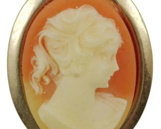 835 - Vtg Carved Shell Cameo Brooch Gold Tone Frame (Description): Vintage carved shell cameo brooch featuring a  classical female profile portrait. The cameo  displays a woman with flowing curly hair  carved in relief against a coral-pink shell  background. Set in an oval gold tone bezel frame. Can be worn as a brooch or pendant.