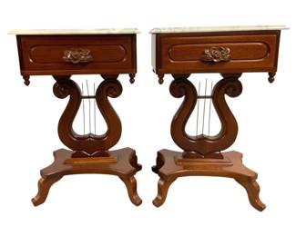 7517 - Pair Lyre Base Marble Top End Tables (Description): Featuring a mahogany finish and a distinct  lyre shaped pedestal base with drawer. 28 x 18 x 14