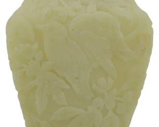 766 - Vtg Imperial Lovebird Vase Custard Glass 6.5" (Description): Vintage Imperial Lovebird vase in custard  glass. This charming piece features a molded  relief design of lovebirds perched among  flowering branches and foliage. The vase has  a square opening with a tapered body. Measures 6.5 inches tall.