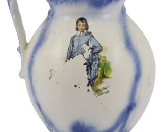 613 - Blue Boy Gainsborough Vintage Pitcher 8" (Description): Vintage pitcher featuring the Blue Boy by  Gainsborough. This ceramic pitcher displays a  transfer image of the famous painting on a  white body with blue accents and a decorative  scalloped rim. Measures 8 inches tall.