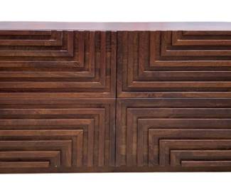 37 - Wood Maze Wooden Credenza (Description): Contemporary, 4 drawers featuring a  distinctive, aligned geometric raised  pattern. 28 x 60 x 20