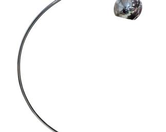 7594 - Mid Century Modern Chrome Arc Floor Lamp (Description): Mid Century Modern arc floor lamp featuring a  chrome curved arm with a chrome ball shade.  The lamp rests on a dark rectangular base.  Measures 60 inches tall by 42 inches wide. Used as is electric/electronic/mechanical item. No guarantee all components, untested.