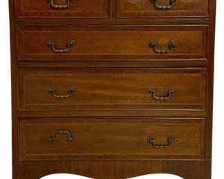 7750 - English 2 Over 3 Drawer Chest 29"x24"x15" (Description): A handsome 2 over 3 drawer chest featuring  classic Georgian-style design with mahogany  construction and satinwood banding on the  drawer fronts. The piece is fitted with  ornate brass bail handles and decorative escutcheons throughout. The chest rests on  gracefully shaped bracket feet with a  serpentine apron. Measures 29 inches high by  24 inches wide by 15 inches deep.