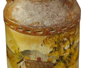 573 - Vintage Painted Milk Can 25" (Description): A milk can measuring 25 inches in height. The  piece features a rustic, weathered  appearance with a painted pastoral scene  depicting a farmhouse and autumn trees.