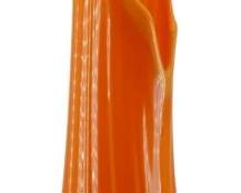846 - L.E. Smith Bittersweet Swung Glass Vase 24" (Description): Mid Century L.E. Smith Bittersweet swung  glass vase in vibrant orange with yellow  accents at the base. This striking example  features the characteristic elongated,  twisted form with dramatic flowing lines and organic asymmetrical top edge typical of  swung glass artistry. Measures 24 inches  tall.