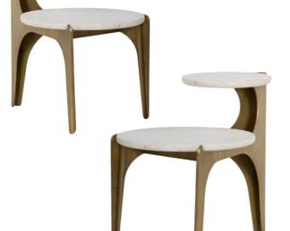 29 - Matching Pair Contemporary 2 Tier End Tables (Description): Sculptural tables have marble tops & steel  base in a antique brass finish, 25 x 20 x 27
