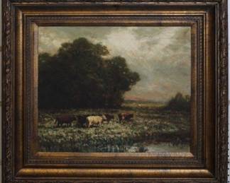 9200 - Landscape with Cattle on Canvas (Description): 35 X 31