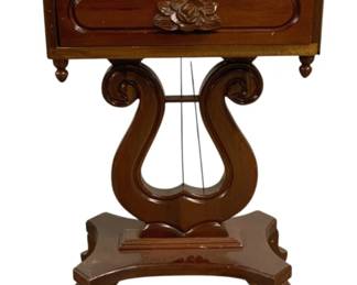 7512 - Vintage Lyre Base Marble Top End Table (Description): Featuring a mahogany finish and a distinct  lyre shaped pedestal base. 28 x 12 x 14