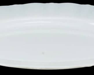 923 - Monax American Sweetheart Platter (Description): Monax American Sweetheart platter in the  classic white opalescent glass. This  Depression-era serving piece features the  distinctive scalloped edge and delicate  embossed border pattern characteristic of the American Sweetheart line by MacBeth-Evans  Glass Company.