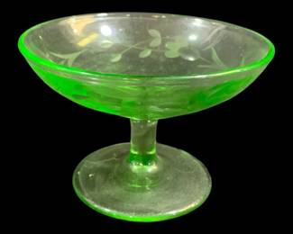 6739 - Green Uranium Glass Compote - As Is/Chipped (Description): 5 x 3.5