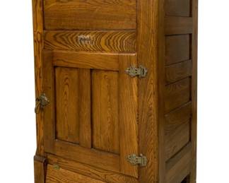 7019 - Vintage Oak 2 Door Lift Top Icebox (Description): 46 x 28 x 19