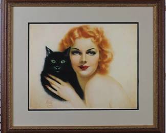 9092 - Woman and Cat by Louis Icart (Description): 21.5 X 18.5