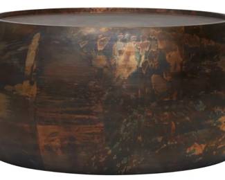 28 - Contemporary Steel Drum Cocktail Table (Description): brass, copper antiqued finish, 17 x 37