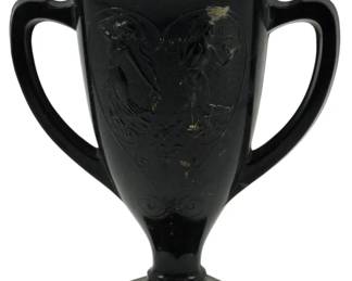 634 - LE Smith Black Amethyst Trophy Vase w/ Nymphs (Description): Vintage L.E. Smith black compote featuring a  decorative design. Measures 7 inches.