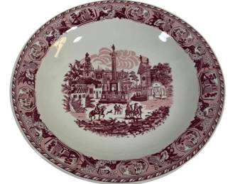 1527 - Red & White Transferware Serving Platter 18" (Description): Red and white transferware serving platter  featuring a scenic center design depicting a  country estate with trees and figures,  surrounded by an ornate border with pastoral  vignettes, fruits, and decorative motifs. Measures 18 inches round.