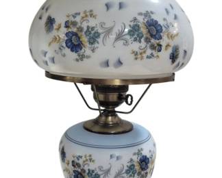 1416 - Painted Gone with the Wind Lamp 27" (Description): Painted Gone with the Wind lamp featuring  floral decoration on both the globe shade and  base. The lamp sits on an ornate metal base.  Measures 27 inches in height. Used as is  electric/electronic/mechanical item. No guarantee all components present, untested.