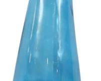 938 - Vintage Aquamarine Tall Glass Vase 32" (Description): Vintage aquamarine tall glass vase featuring  an elegant elongated teardrop shape with a  slender tapered neck and rolled rim. The  translucent blue-toned glass displays subtle  swirled patterning throughout the body. Measures 32 inches in height.