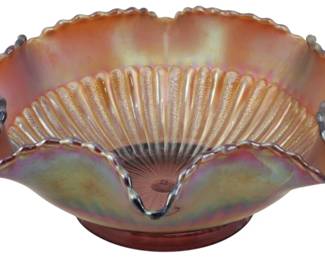 713 - Northwood Amethyst Stippled Rays Glass Bowl (Description): Vintage Northwood Amethyst Stippled Rays  Carnival Glass Bowl featuring a ruffled rim  with scalloped edges and a ribbed interior  pattern. The iridescent finish displays  beautiful multicolored hues typical of fine carnival glass. Measures 3 1/2 inches tall by  8.5 inches in diameter.