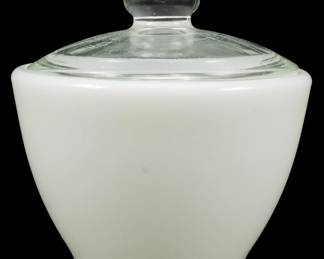1173 - Vtg White Corning Ware Jar w/ Lid 3.5"x3" (Description): Vintage white Corning Ware jar with clear  glass lid featuring a rounded knob handle.  The jar has a classic tapered design in  opaque white milk glass. Measures 3.5 inches  by 3 inches.
