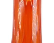 1003 - LE Smith Diamond Butt 24" Swung Glass Vase (Description): Vintage L.E. Smith Diamond Butt Swung glass  vase in vibrant amberina coloring, featuring  a gradient from deep red-orange at the base  to bright orange at the elongated, ruffled  rim. The lower portion displays the characteristic diamond pattern, while the  elongated body showcases the distinctive  swung technique. Measures 24 inches tall.