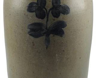 605 - Virginia Pottery 2 Gallon Stoneware Crock (Description): Early Virginia pottery 2 gallon stoneware  crock featuring traditional blue cobalt  floral decoration. The crock is marked with  an impressed "2" indicating its capacity.  Measures 12 inches in height.