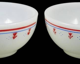 1134 - Pr Termocrisa Red & Blue Floral Bowls 2"x5" (Description): Pair of Termocrisa milk glass bowls featuring  a charming red and blue floral pattern. Each  bowl displays red tulip motifs with blue  accents and decorative banding around the  rim. These vintage Mexican-made bowls measure 2 inches tall by 5 inches indiameter.