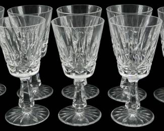 652 - 8 Waterford Rosslare Claret Wines 6" (Description): A set of eight Waterford crystal stemware  glasses. Each glass measures 6 inches in  height. The stems feature the classic  Waterford cut crystal patterns with elegant  faceted stems and rayed bases.