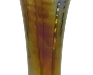666 - Vtg Imperial Clear Ripple Carnival Glass Vase (Description): Vintage Imperial Clear Ripple carnival glass  vase featuring the classic iridescent finish  characteristic of carnival glass. The vase  displays the Ripple pattern with a ruffled  rim and tapered body rising from a round foot. Measures 9.5 inches tall.