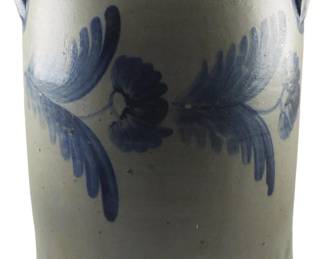 602 - 19th Century Parr Family 5 Gal Stoneware Crock (Description): A 19th century Parr Family 5 gallon stoneware  crock featuring traditional cobalt blue  floral decoration. This substantial piece  showcases the skilled craftsmanship  characteristic of the Parr Family pottery tradition. Measures 16 inches tall.