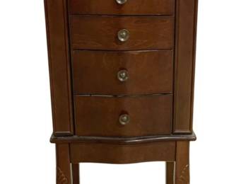 7651 - Standing Jewelry Armoire Cabinet 38"x15"x10" (Description): Standing jewelry armoire cabinet in a warm  cherry finish. Features five center drawers  with round metal knobs, flanked by two side  compartments with swing-out doors. The piece  has a lift-top lid with beaded trim detail along the edge. Stands on gracefully curved  cabriole legs with carved floral accents at  the knees. Measures 38"x15"x10".