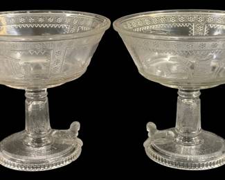 6804 - EAPG Adams & Co Egyptian Revival Compotes (Description): As Is/Chipped, 2 Compotes - 7.5", 8"