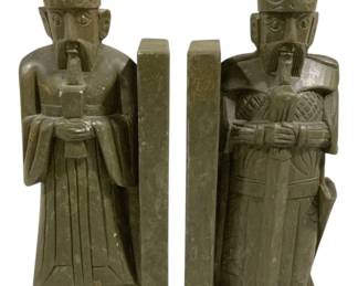 1374 - Vintage Asian Style Carved Soapstolne Bookends (Description): Scholar & Warrior