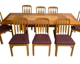 6257 - Gangso Mobler Dining Table & 8 Chairs (Description): Drop Side Tile Inlaid Table, unsigned - 29 x  94 x 36 Keller Signed Arrowback Chairs - 36 x 22 x 21