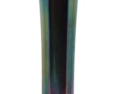 662 - Vtg Fenton Cobalt Blue 6 Panel Carnival Glass (Description): Vintage Fenton cobalt blue 6 panel carnival  glass vase featuring an iridescent finish  with purple, green, and gold tones. The vase  has a ruffled rim and tapered body rising  from a round foot. Measures 13 inches tall.