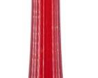 854 - L.E. Smith Amberina Swung Glass Vase 25" (Description): Mid Century L.E. Smith Amberina swung glass  vase featuring a dramatic elongated form with  ribbed vertical panels. The glass  transitions beautifully from a rich ruby red  body to golden amber at the footed base and ruffled rim, characteristic of the amberina  coloring. Measures 25" tall.