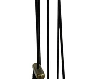 7703 - Brass & Black Iron Fireplace Tool Set 32" (Description): Fireplace tool set featuring brass and black  iron construction. The set includes a stand  with decorative brass ball finial handles  holding a brush, poker, and shovel. The tools  rest on a round black iron base with brass accent trim. Measures 32 inches in height.